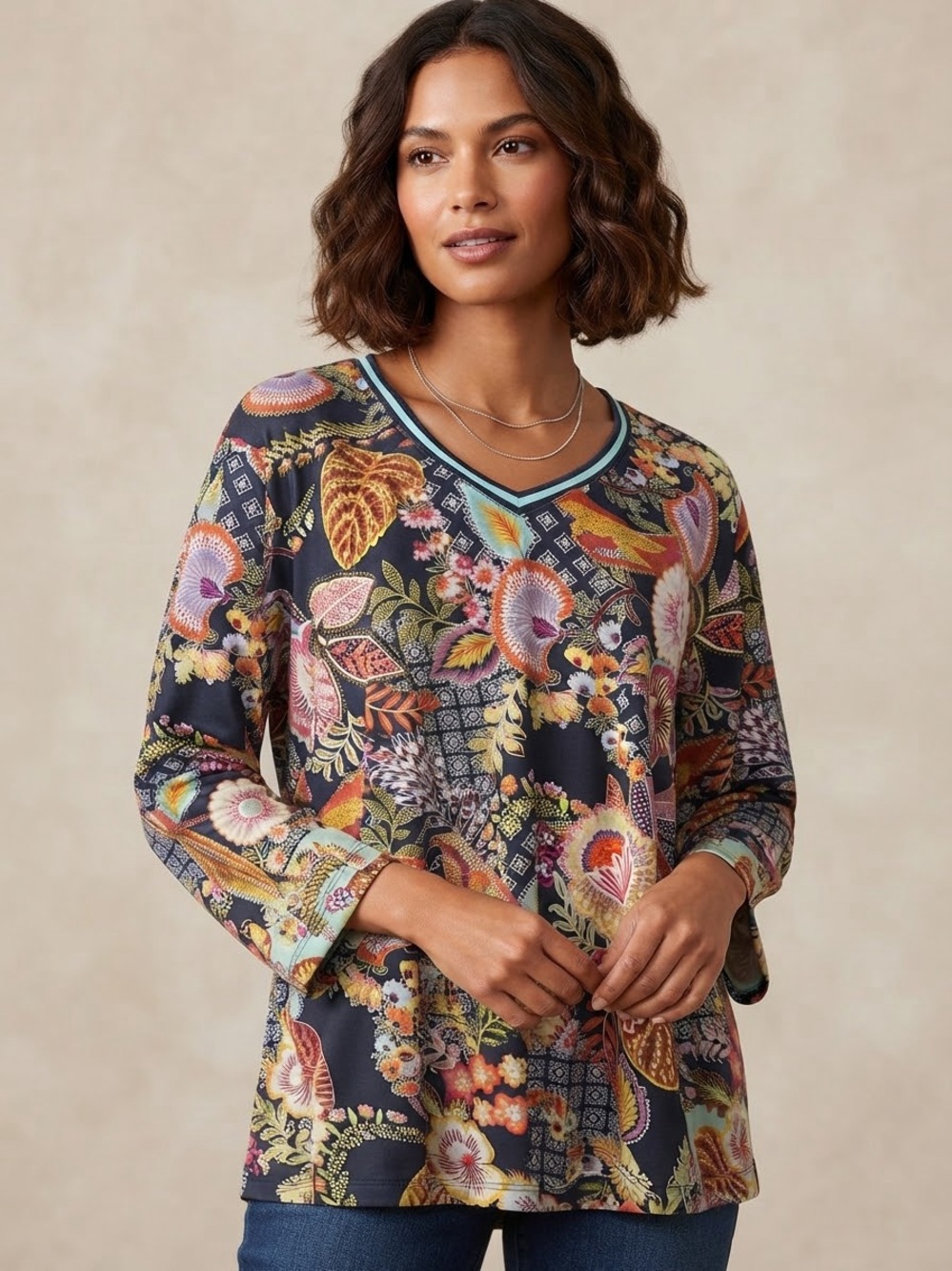 Johnny Was Floral V-Neck Long-Sleeve Tunic Top - Navy